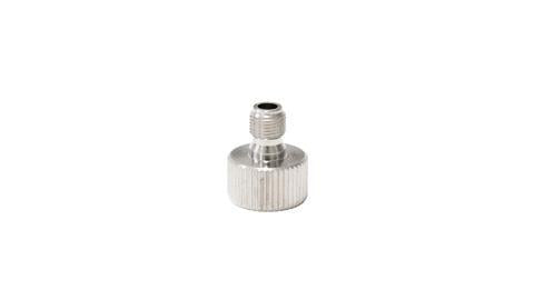 Adaptor with a 1/8" threaded female end and a 1/4" threaded male end.